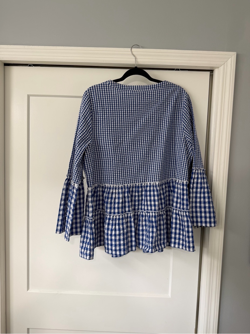 Blue Gingham Peplum Tiered Blouse - Picture 2 of 4